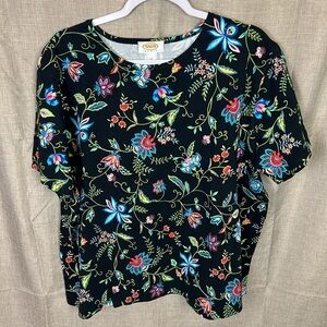 Talbots NEW Women’s‎ 2X Black Multicolor Floral Print Stretch Cotton Knit Top